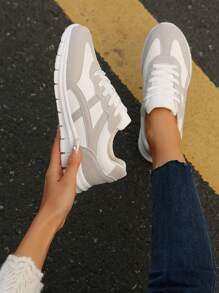 Must-Have For All Seasons! Designed Specifically For Young Women, Suitable For Daily Activities And Sports. Quality Leather And Suede Patchwork, Precise Craftsmanship Showcases The Premium Quality. Unique Wavy Color Block Elements Break The Monotony. Round Toe Low-Top Design Provides Ultimate Comfort, Flat Sole Allows Free And Easy Movement, A Fashionable Sports Shoes Leading The . - White Gray - View 6