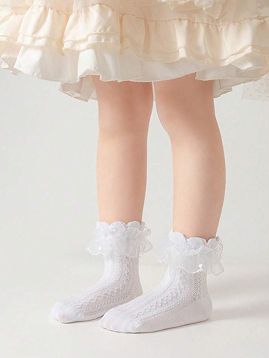 1 par de calcetines de algodón de color liso con encaje para niñas, adecuados para baile - Blanco - Ver 1