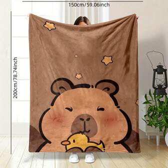 Soft Flannel Cartoon Capybara With Duck Print Throw Blanket - Digital Print Reversible Polyester Flannel, All-Season Cozy Blanket For Home Office Nap, Contemporary Style – Gift For Family And Friends