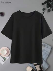 女士宽松圆领短袖T恤，简约百搭黑色套头衫，春夏