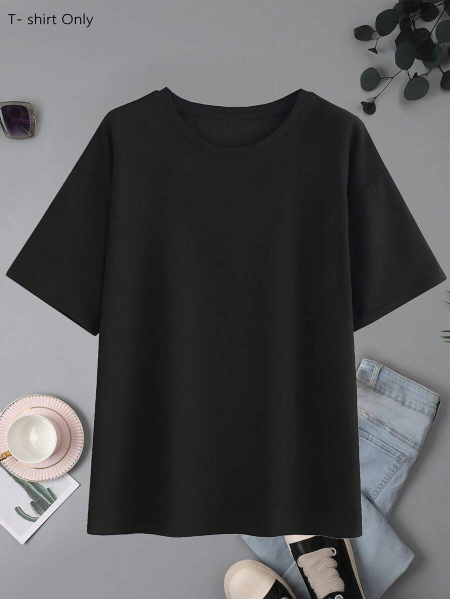 女士宽松圆领短袖T恤，简约百搭黑色套头衫，春夏