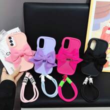 1pc Y2K Style Bow + Adjustable Wrist Strap, Dopamine Macaron Wavy Phone Case Compatible With IPhone 16/Compatible With Redmi Note 11 4G/Compatible With Galaxy A55/Compatible With Infinix Note 30/ Compatible With Moto E30 Waterproof Shockproof Anti-Fall Scratch Resistant - Rose Red - View 7