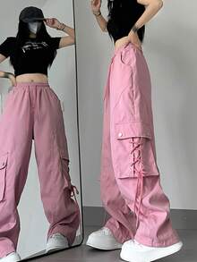 Women's Loose Fit Solid Color Cargo Pants With Tie Details