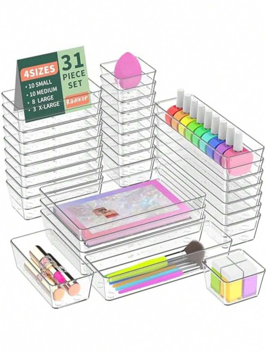 31pcs Radikor Transparent Plastic Drawer Organizers, 4 Different Sizes Storage Boxes For Bathroom, Vanity, Kitchen, Office, Stationery, Cosmetics, Jewelry
