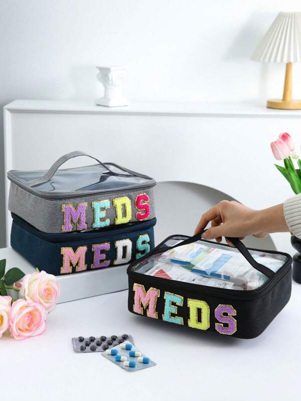 1pc Classic Fabric First Aid Supplies Storage Bag, Tote Bag With Creative "MEDS" Patch, Large Capacity Portable Medicine Box, Visible Medicine Storage Bag, Multifunctional First Aid Bag With Handle For Home And Travel Essentials, Household Organization Storage Box, Basket, Bin And Container