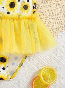 Baby Girls' Cute Colorful Strap 3D Bow Mesh Swimsuit With Swim Cap, Suitable For Daily Outings And Swimming, Summer - Yellow - View 8