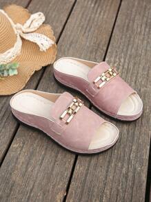 Plus Size 36-45 Summer Fashion Casual Gold Metal Buckle Wedge Sandals, Lightweight Comfortable Orange Roman Slippers Suitable For Outdoor Daily Wear, Women's Platform Thick Sole Sandals