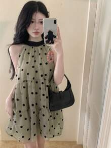 French Style Sleeveless Tie-Up Polka Dot Dress, Loose Fitting For Petites, Summer