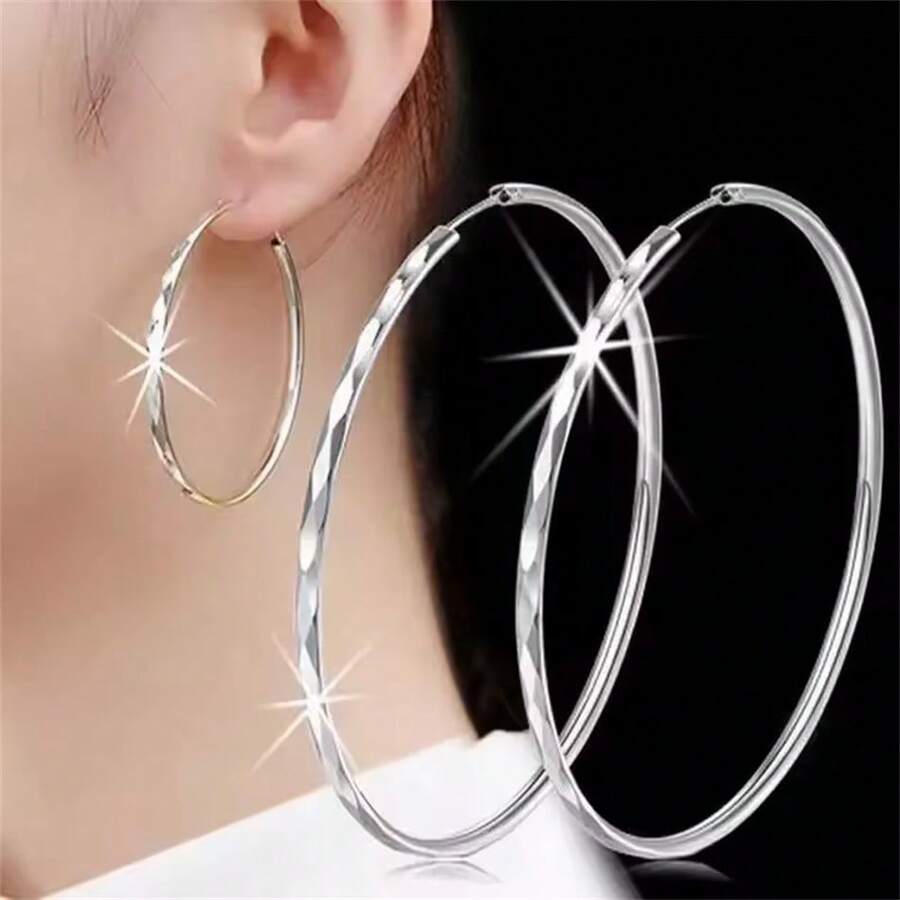 Elegant 1 Pair Silver Plated 50MM Big Hoop Earrings For Women Fashion Charm Jewelry Wedding Birthday Party Gift - Silver - View 1
