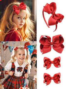 4pcs Girls' Bowknot Bow Hair Clips & Headbands, Cute, Elegant, Versatile, Matching, Suitable For Mother's Day, School