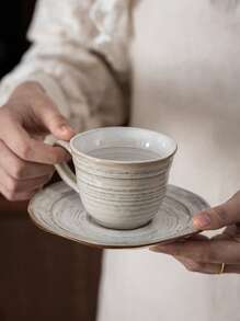1 pieza Conjunto de taza y platillo de cerámica gris minimalista japonesa, taza y platillo rituales de té/café de la tarde, taza y platillo de cerámica de alta calidad con estilo retro, taza para beber en el hogar, taza para leche, taza para latte, taza y platillo elegante como regalo para festividades