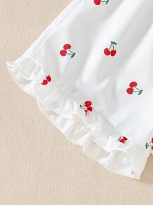 Set 2 bucăți pentru fetiță, vară, alb, cireș, imprimeu, set de tricou și pantaloni scurți fără mâneci, costum pentru călătorii de vacanță primăvara și vara