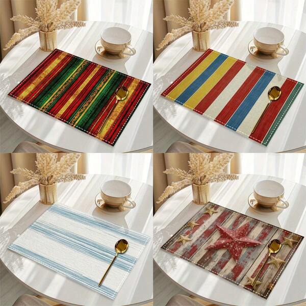 Juego de 1 set/1 pieza/4 piezas/6 piezas Mantel individual con patrón de rayas azules, lavable a máquina, de poliéster, resistente al calor, resistente a la suciedad, impermeable, fácil de limpiar, decoración para mesa, fiesta y festival, adecuado para uso doméstico, hotel, restaurante, etc.