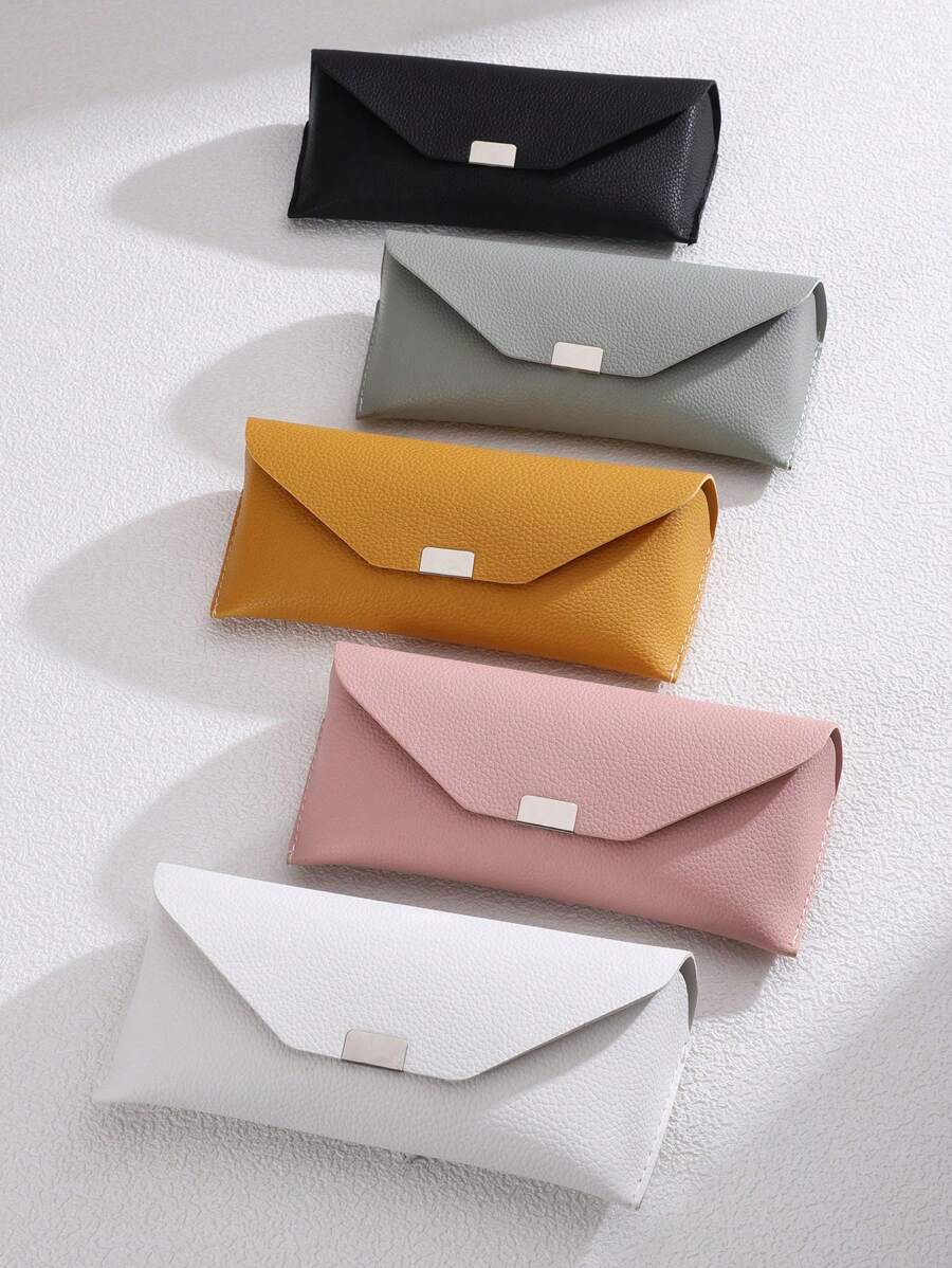 1 pieza Caja de almacenamiento de gafas de metal con hebilla cuadrada de grano de litchi, funda protectora de gafas de moda anti-presión y anti-caída