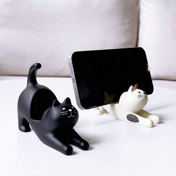 1 pièce Figurine de chat mignonne sur pied de bureau, support de téléphone mains libres en forme de chaton noir, artisanat en résine
