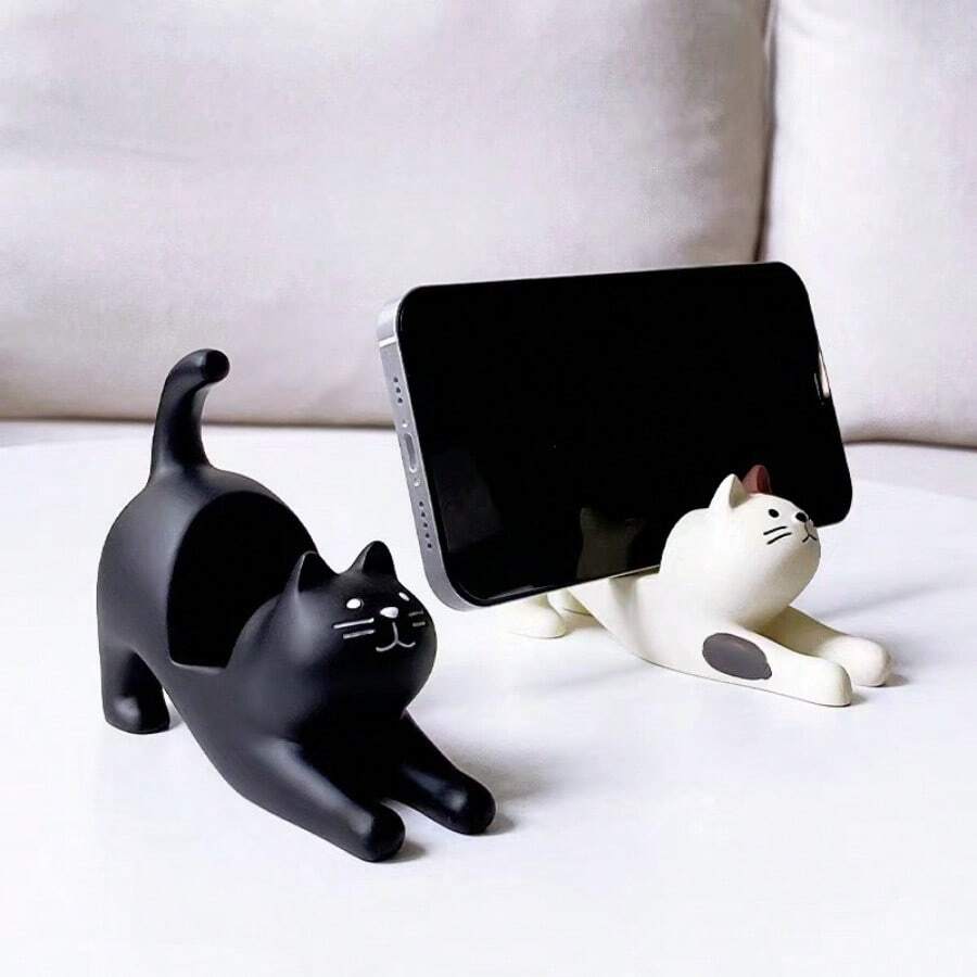 1pc Cute Cat Figurine Desktop Stand, Black Kitty Ornament Hands-Free Phone Holder, Resin Craftwork - Multicolor - View 1