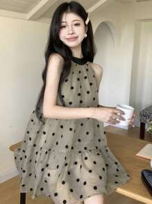 French Style Sleeveless Tie-Up Polka Dot Dress, Loose Fitting For Petites, Summer