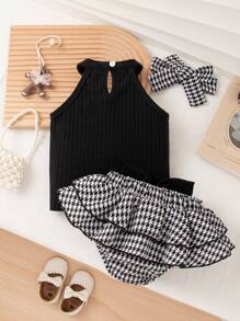Baby Girls Cute Sleeveless Black Crop Top & Houndstooth Bow Ruffle Hem Romper & Headband Summer Outfit Set