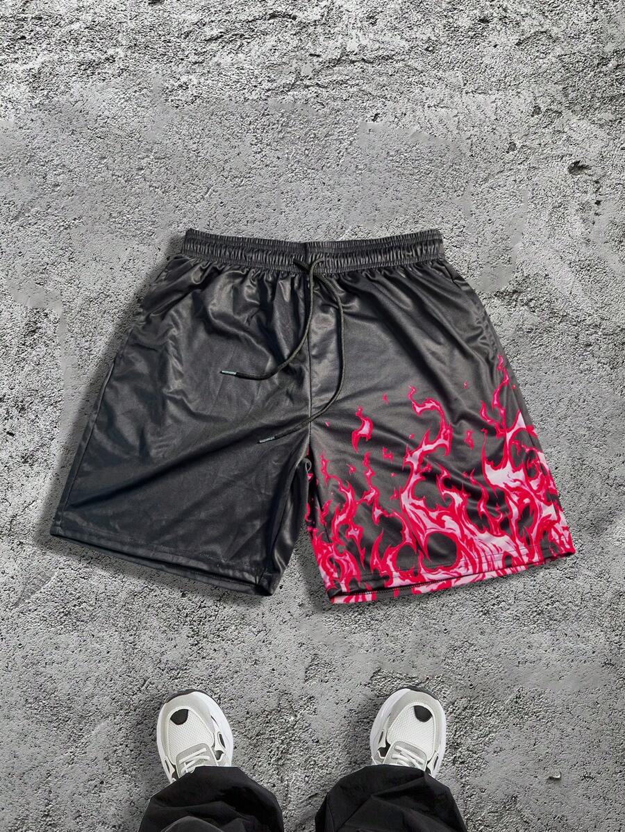 KOVSEE Quần short thể thao lưới thoáng khí, dài đến đầu gối, kiểu dáng bóng rổ Mỹ, in hình ngọn lửa, thích hợp cho tập thể dục, chạy bộ, màu hồng mùa hè. - Hồng - Xem 1