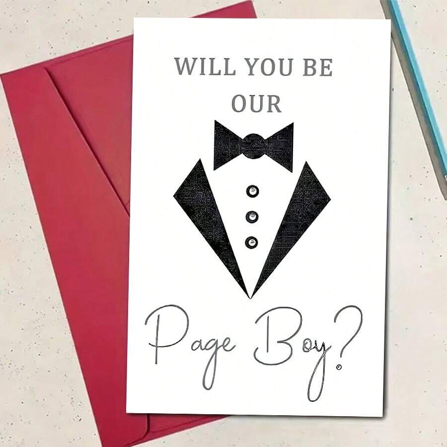 1pc "Will You Be Our Pageboy?" Wedding Proposal Card With Tuxedo And Bowknot Design, Includes Red Envelope - Ideal For Weddings And Engagements, Wedding Card - Multicolor - View 1