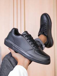 Trending Fashion White Sneakers For Men, New Versatile Casual Sports Shoes, Fashionable Casual Flat Lightweight Soft Sole Student Military Training Travel Shoes - Black - View 4