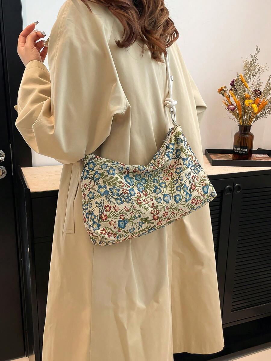 1 件大容量小碎花拉链手提包，时尚简约女士单肩包，适合工作、约会、购物 - 藍色 - 查看 1