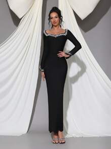 Modphy Black Long Sleeve Luxury Handmade Pearl Embellished Bodycon Bandage Dress, Elegant Bridesmaid Dress For Formal Wedding, Party, And Banquet,Gown,Evening,Wedding Guest