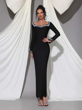 Modphy Vestido ajustado de manga larga negro de lujo hecho a mano con adornos de perlas, elegante vestido de dama de honor para bodas formales, fiestas y banquetes, vestido de noche, invitada de boda