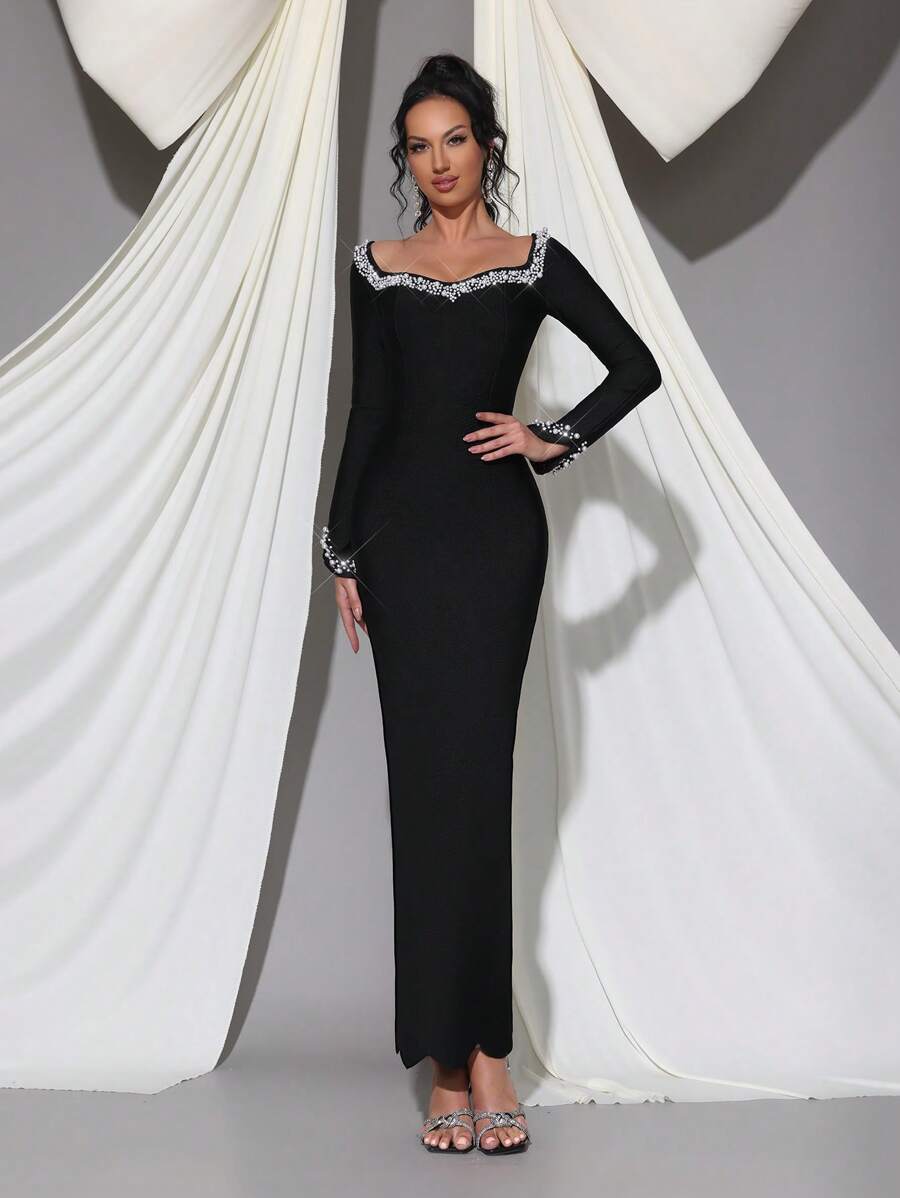 Modphy Black Long Sleeve Luxury Handmade Pearl Embellished Bodycon Bandage Dress, Elegant Bridesmaid Dress For Formal Wedding, Party, And Banquet,Gown,Evening,Wedding Guest