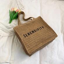 Fashionable, Versatile Solid Color Letter Print Tote Bag, Suitable For Vacation, Travel, Shopping, Simple And Casual With Large Capacity For Women