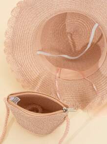2 件/套：1 件儿童蝴蝶结装饰可爱粉色波浪太阳帽 + 1 件粉色草编斜挎包，适合夏季户外日常穿着、沙滩度假、儿童礼物、婚礼季节 - 網紗蝴蝶結草帽+斜背包 - 查看 5