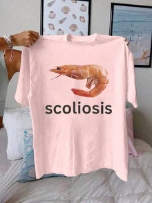 Women's Funny Letter Print Round Neck Short Sleeve Casual Daily T-Shirt, Summer Tops - Pink - View 1