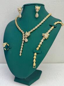 4 pièces Ensemble de collier, boucles d'oreilles, bague et bracelet de luxe avec motif léopard/tigre, pierres de zircone cubique blanche, forme de feuille. Ensemble de bijoux pour femme pour fête et mariage, cadeau pour la Saint-Valentin