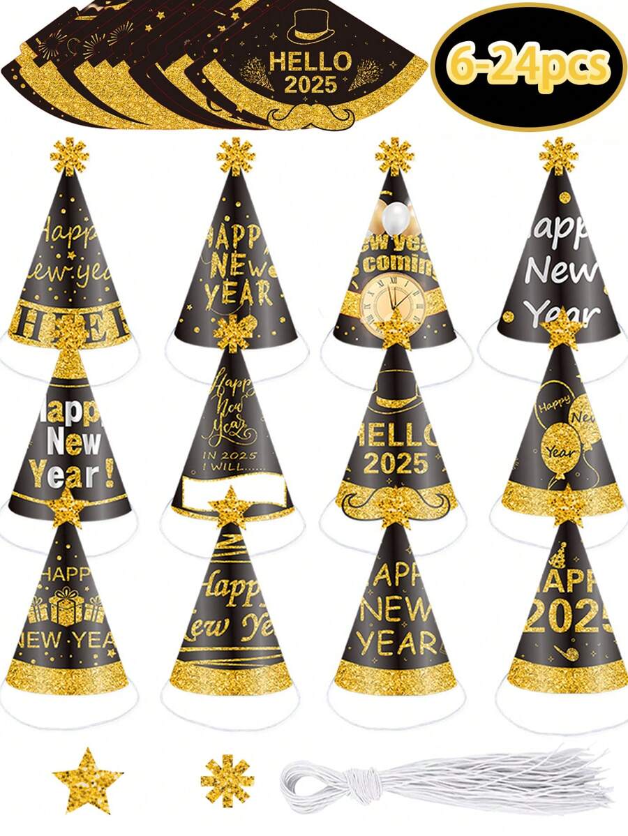 6-24 Pieces Of 2025 Graduation Decorations, Black Gold Party Hats, Black Gold Party Paper Hats, Adult New Year Party Hats, Birthday Party Decoration Sets