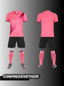 2pcs Boy's Personalized Soccer Jersey - Customizable Name And Number Print Stripe Decor Short Sleeve T-Shirt + Shorts Co-Ord Quick-Drying Sweat-Absorbing Sports Set As Gift - Pink - View 2