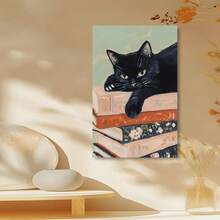 Framed Black Cat On Book Stack Canvas Poster, Artistic Animal Print,   Wall Art, Modern Vintage Style, Indoor/Outdoor Use, Home Office, Bathroom, Living Room, Kitchen, Bedroom Decor, Spring/Winter Season, Ink Medium  Birthday Party Decor, Mother's Day New Year Easter Gift, , Home Living Room Office Wall Decor, Perfect Gift And Wall Decoration