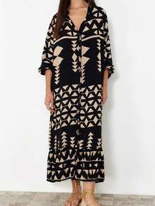 女士休闲几何印花长裙 - 黑色 - 查看 2