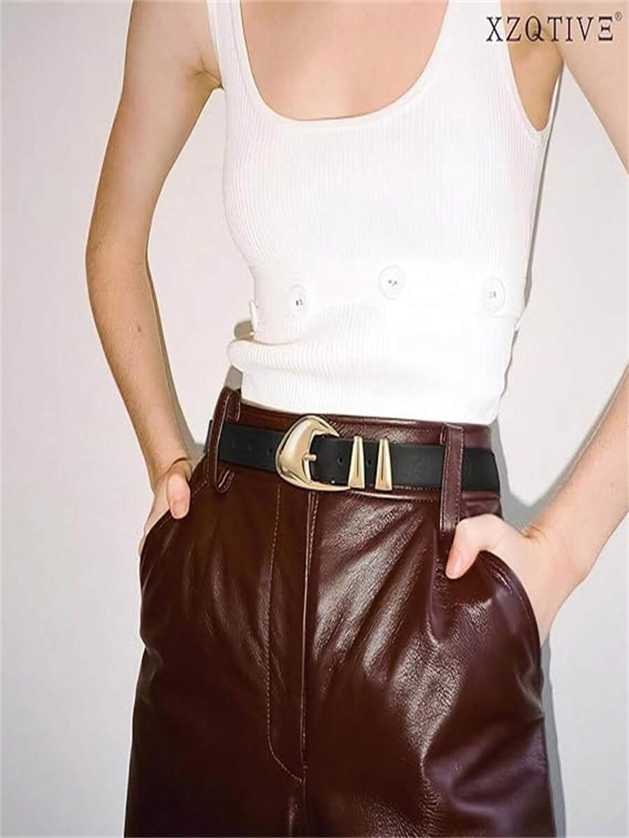 Women's Belt For Jeans & Dress Pants, Black & Brown Color With Gold Buckle - Gold - View 1