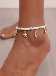 1 st. Verstelbare geweven strand-stijl zeester en schelp enkelband