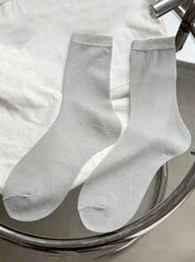 1 Pair/4 Pairs/5 Pairs Women Metallic Shimmer Mid-Calf Socks, Thin Lightweight Shiny Ribbed Socks, Spring & Summer