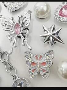 16pcs/Set Rhinestone Chain, Pink Crystal Heart, Butterfly, Pearl, 7-Pointed Star Resin Fashion Simple Ins Style DIY Shoe Decorations