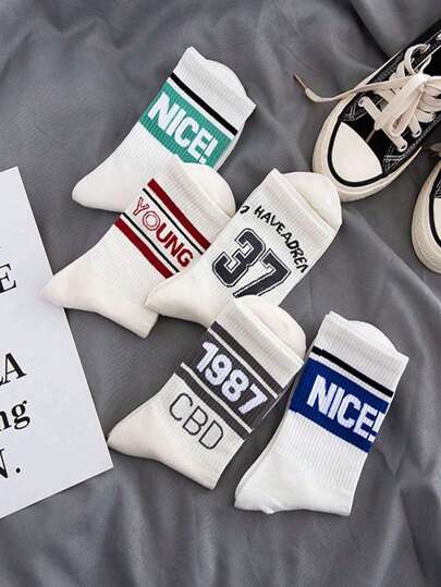 paquete de 5 pares de calcetines deportivos medianos unisex de moda, colores aleatorios surtidos con logotipo deportivo