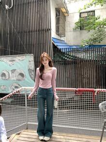 精致蕾丝边 U 领柔软针织底层套头衫，高弹力百搭内衣 - 紫色 - 查看 3