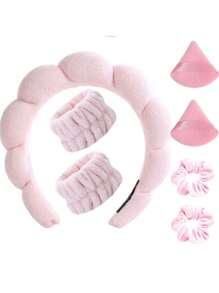 14 件纯色沐浴头带和沐浴腕带套装，洗脸头带、腕带、化妆护肤头带 - 彩色 - 查看 10