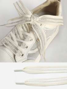 1 对 2 厘米宽蝴蝶结空心扁平鞋带，银线编织透明条纹鞋带，适用于正装鞋， - 米色 - 查看 1