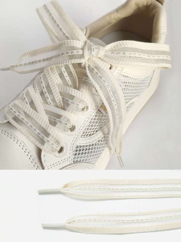 1 Pair 2cm Wide Bowknot Hollow Flat Shoelace, Silver Threads Woven Transparent Striped Shoelaces Compatible With Dress Shoes,