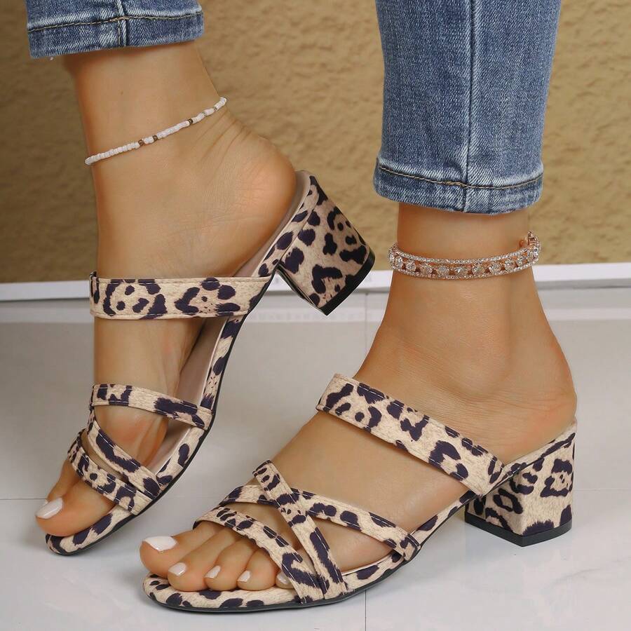 New Plus Size Fashion Versatile Chunky Heel Open Toe Leopard Print Slide Sandals For Women