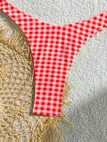 Women's Printed Fashionable Yellow Plaid Pattern Mini Triangle Bikini Set, Suitable For Summer Swimwear - Red - View 5