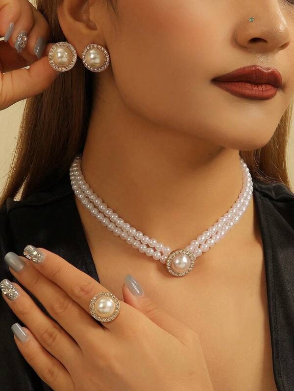4pcs/Set Retro Elegant Faux Pearl Necklace, Earrings, Ring Set, Women Fashion Double Layer Choker, Jewelry