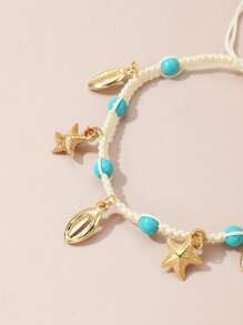 1 st. Verstelbare geweven strand-stijl zeester en schelp enkelband